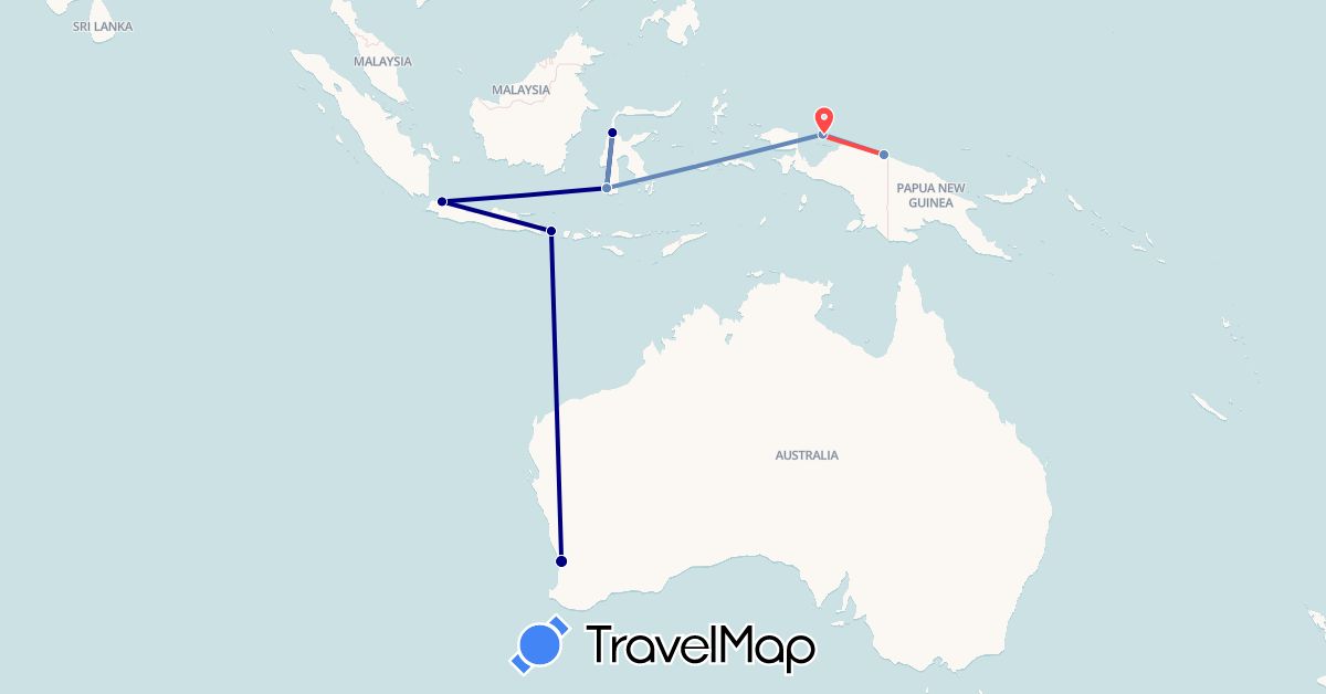 TravelMap itinerary: driving, cycling, hiking in Australia, Indonesia (Asia, Oceania)